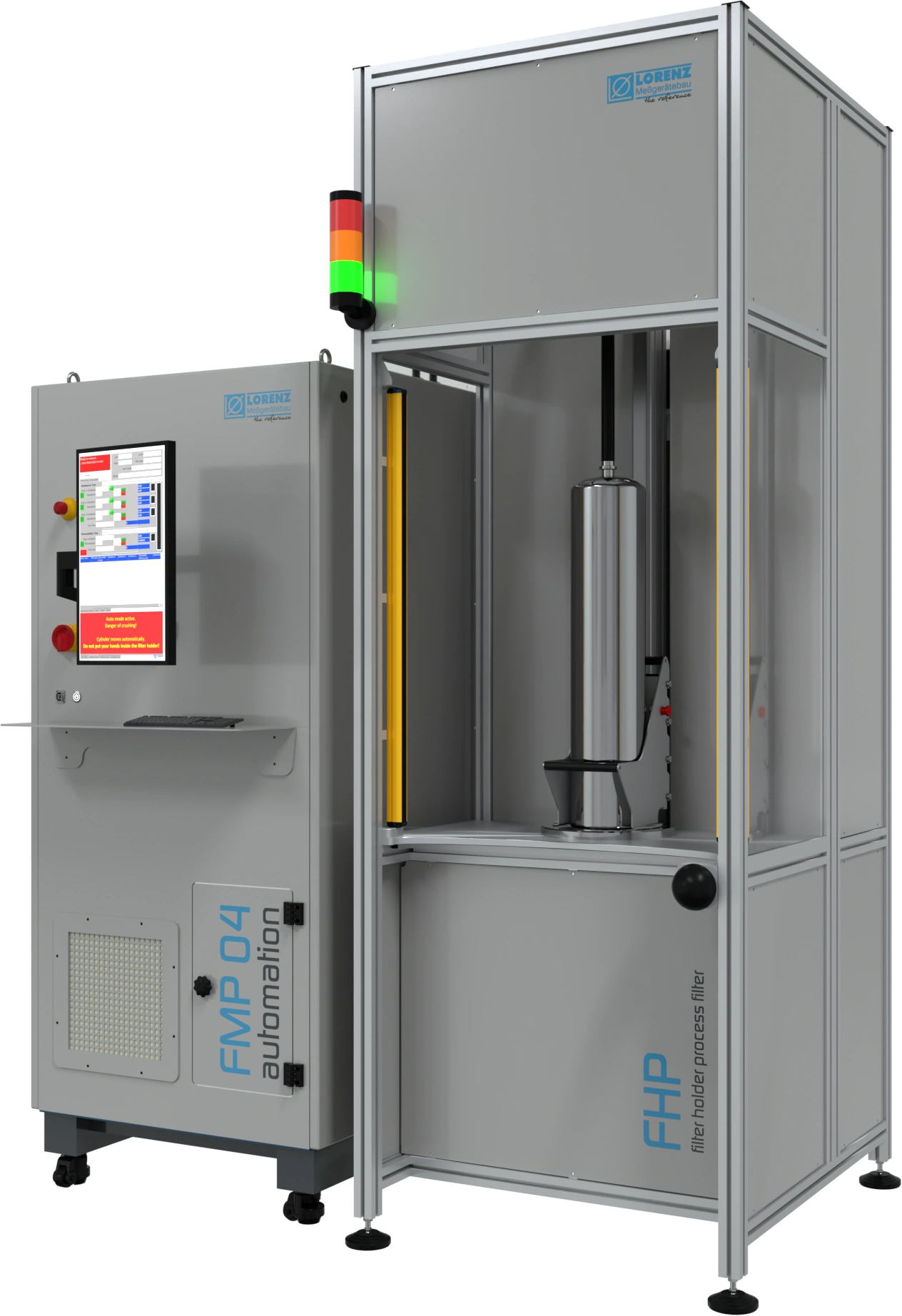 Lorenz FMP04 automation filter test system, positioned on the left side. Next to it is the filter holder FHP for process filters.