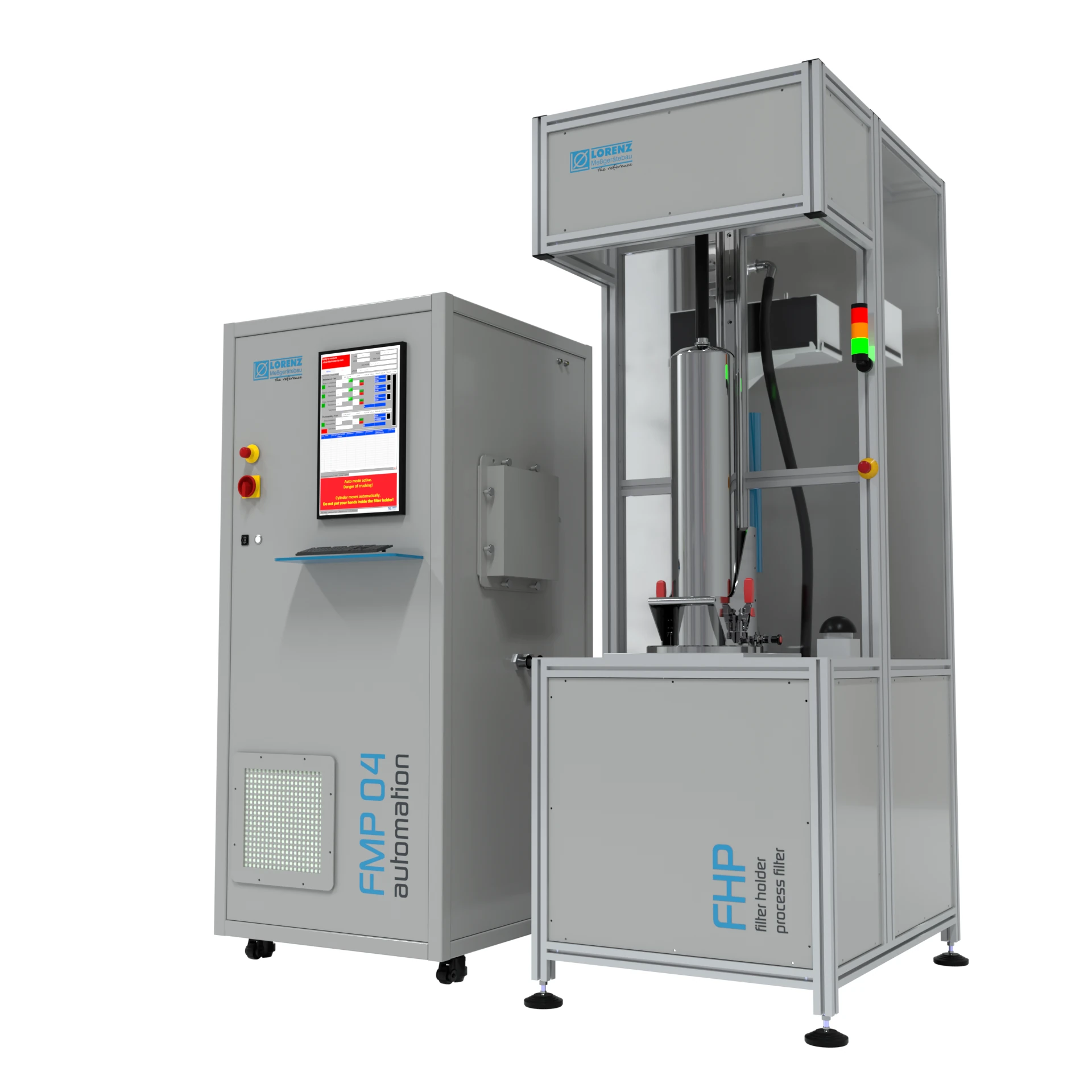 Lorenz FMP04 automation filter test system, positioned on the left side. Next to it is the filter holder FHP for process filters.